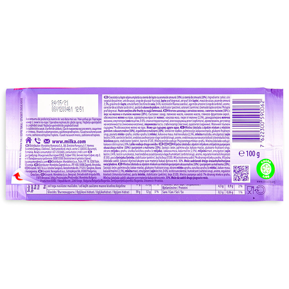 Milka Raspberry Creme Chocolate Bar - 100g Nutrition Facts Ingredients - Milka Chocolate Bars