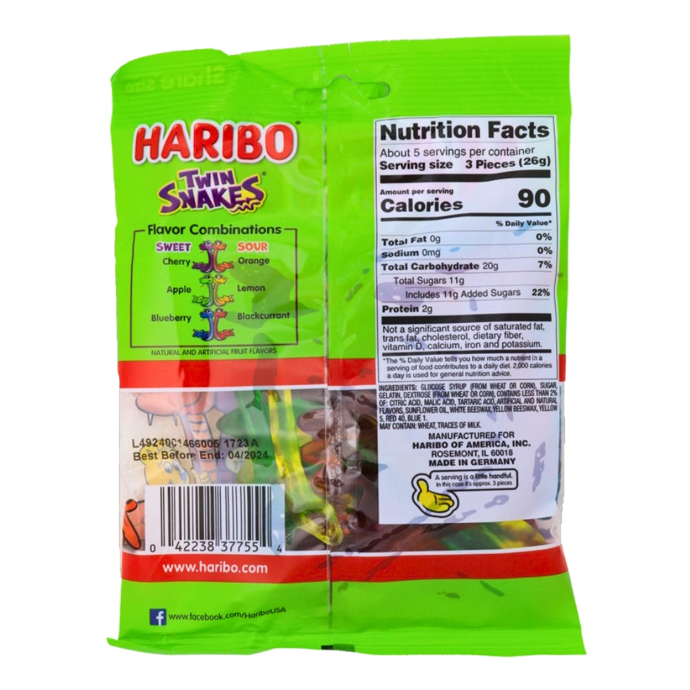 Haribo Twin Snakes - 5oz ingredients nutrition facts, Haribo Twin Snakes, gummy candy, sweet and sour, fruity flavors, whimsical, fun, taste bud adventure, haribo, haribo gummy, haribo gummies, german candy, sour gummy, sour gummies, german gummies, gummies, gummy candy, best gummies