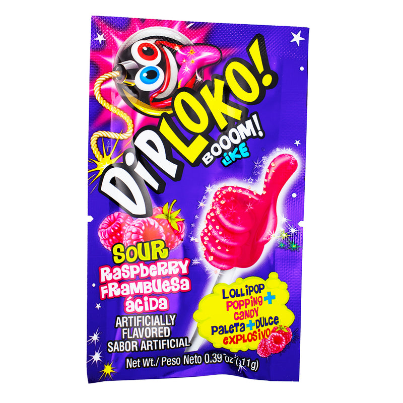 Dip Loko Sour Raspberry Lollipop with Popping Candy - .39oz - Lollipop - Popping Candy - Mexican Candy