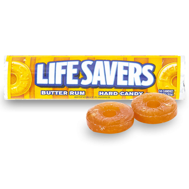 Butter Rum LifeSavers 1.14oz Open, Lifesavers, lifesavers candy, butter rum lifesavers, sweet and salty candy, hard candy