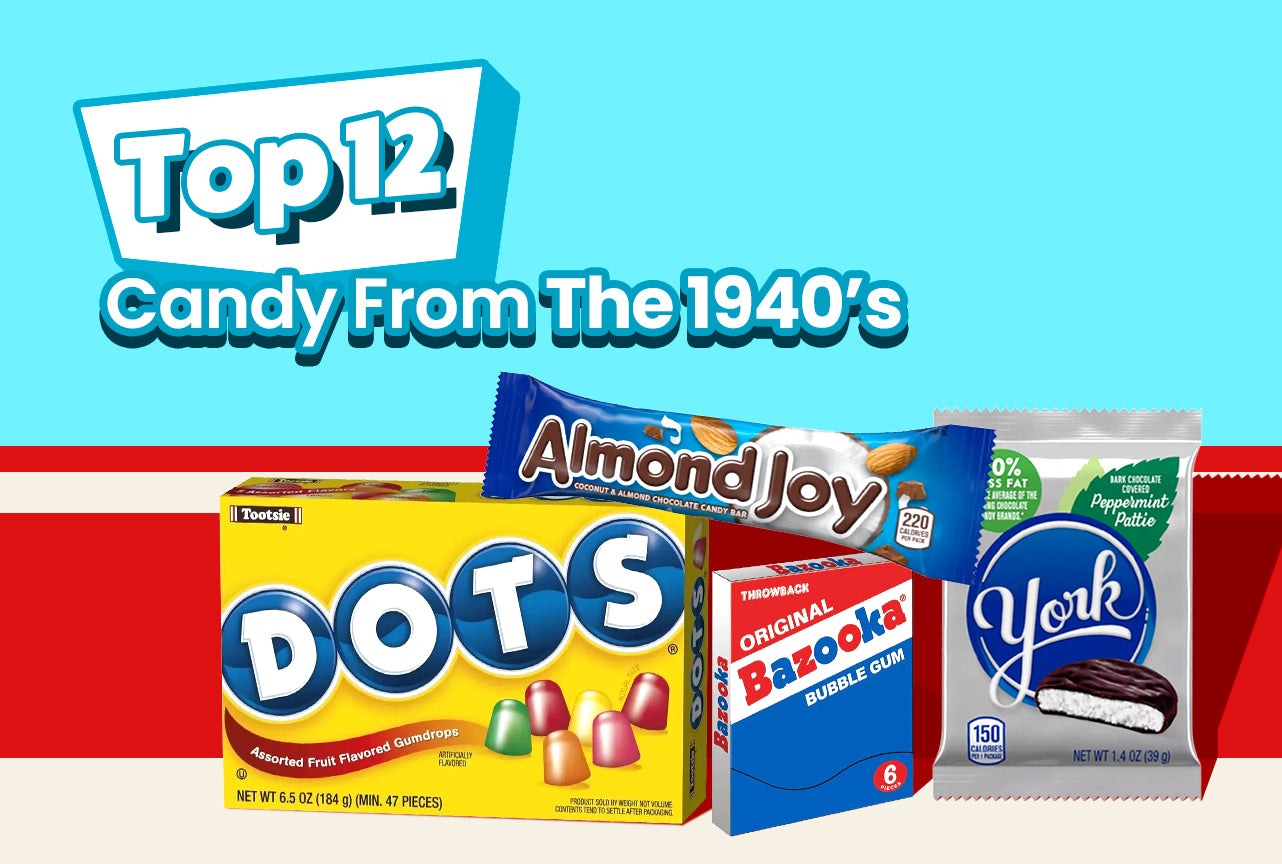 Top 12 Candy from the 1940s - 1940s Candy - Almond Joy - Jolly Rancher -  Bazooka Bubble Gum - Junior Mints - Fun Dip - York Peppermint Patty - Smarties Candy - M&Ms Candy - Whoppers Candy - Mike and Ike - Dots Candy - Allan Hot Lips