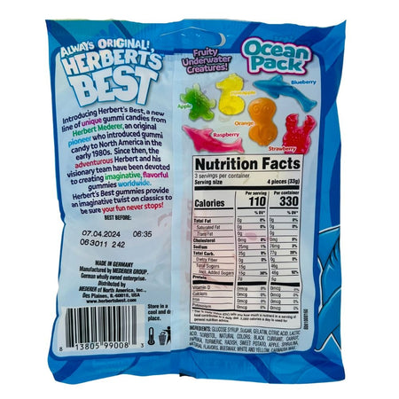 Herbert's Best Ocean Pack Gummies - 3.5oz Nutrition Facts Ingredients-Gummy Shark-Strawberry Candy