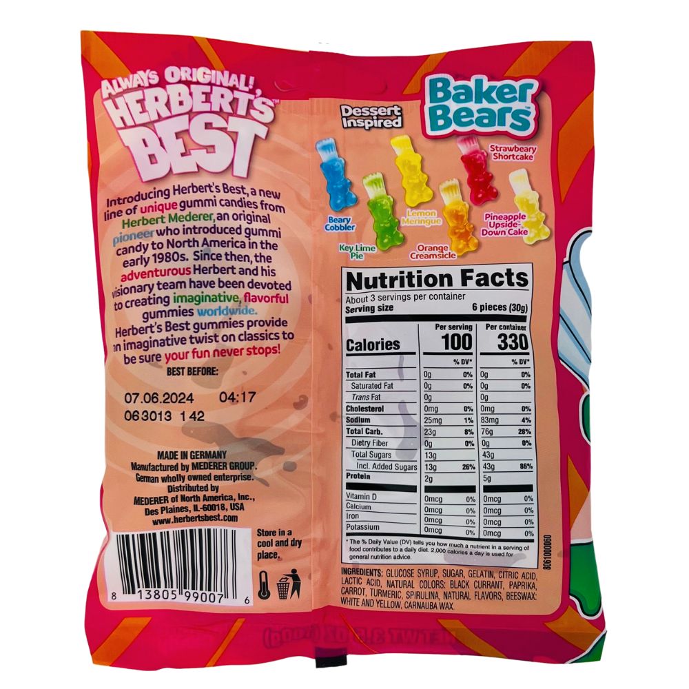 Herbert's Best Baker Bears - 3.5oz Nutrition Facts Ingredients-Gummy Bears-Orange Candy 