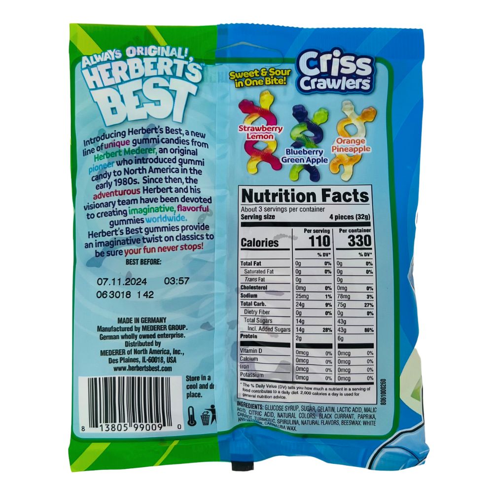 Herbert's Best Criss Crawlers Gummies - 3.5oz Nutrition Facts Ingredients-Gummy Worms-Sour Candy