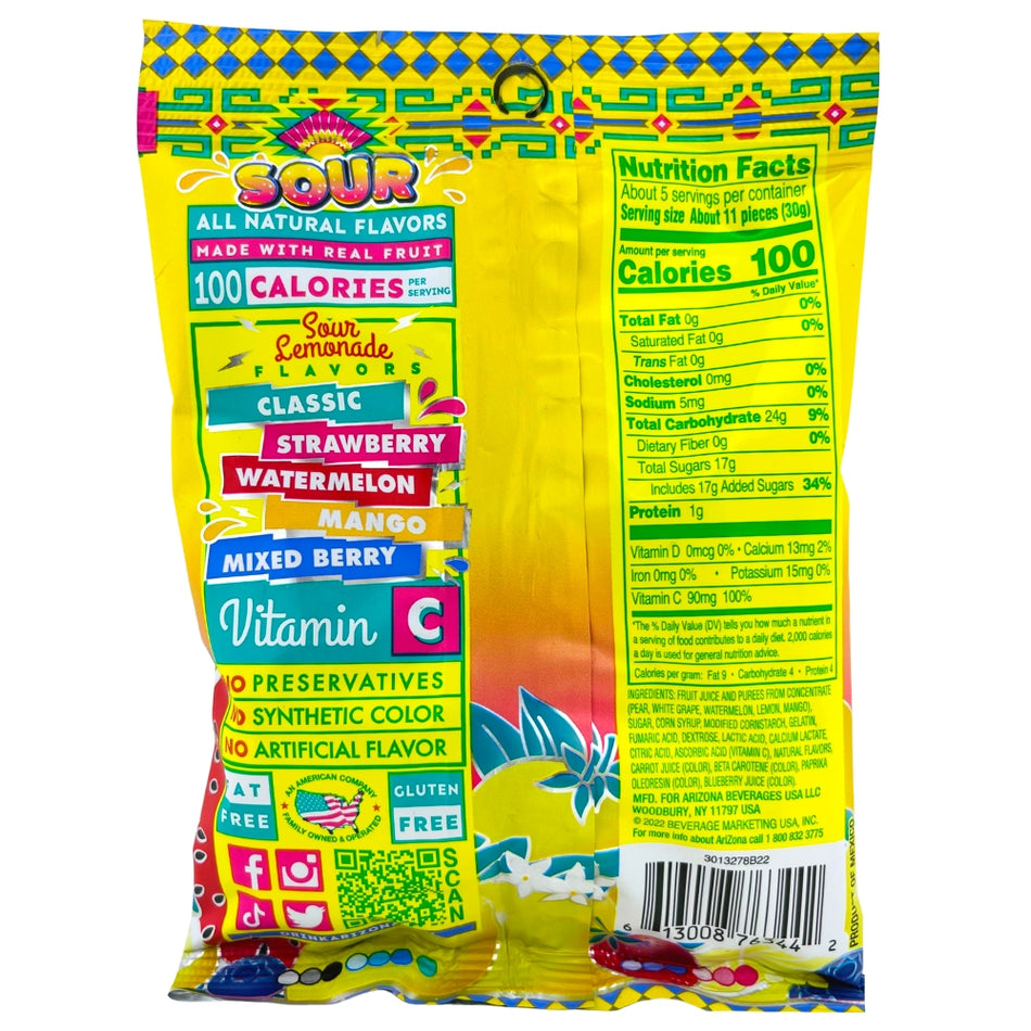 Arizona Sour Fruit Snacks - Mixed Lemonade 142g Nutrition Facts Ingredients