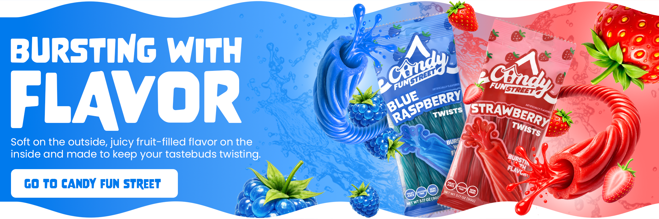 Two candy packages, one blue and one red, with text about flavor and a call to action.