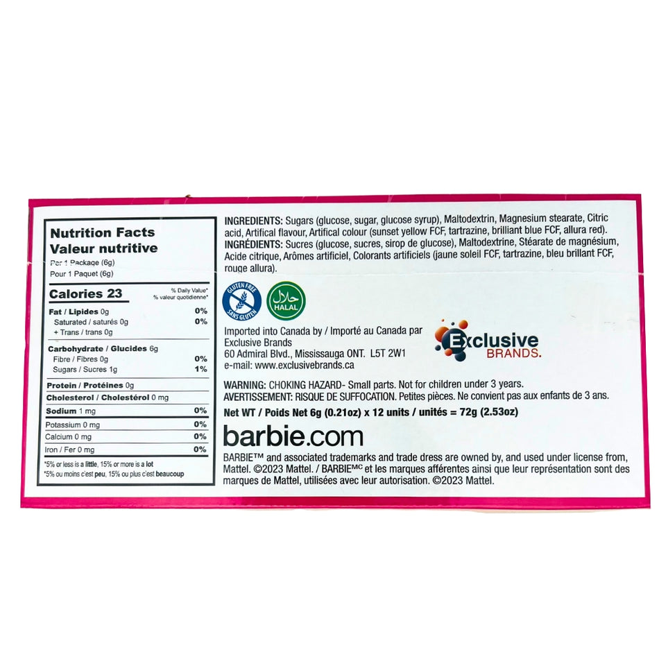Barbie Candy Case - 6g Nutrition Facts Ingredients-Barbie Toys-Party Favors-Pink Candy