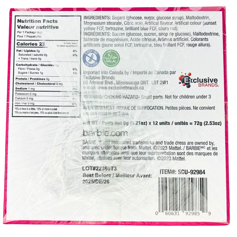 Barbie Candy Fan - 6g Nutrition Facts Ingredients-Pink Candy-Barbie Toy-Party Favors