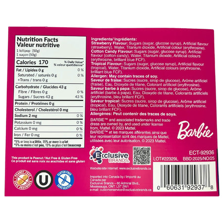 Barbie Wizzy Pop Straw Lollipop - 50g Nutrition Facts Ingredients