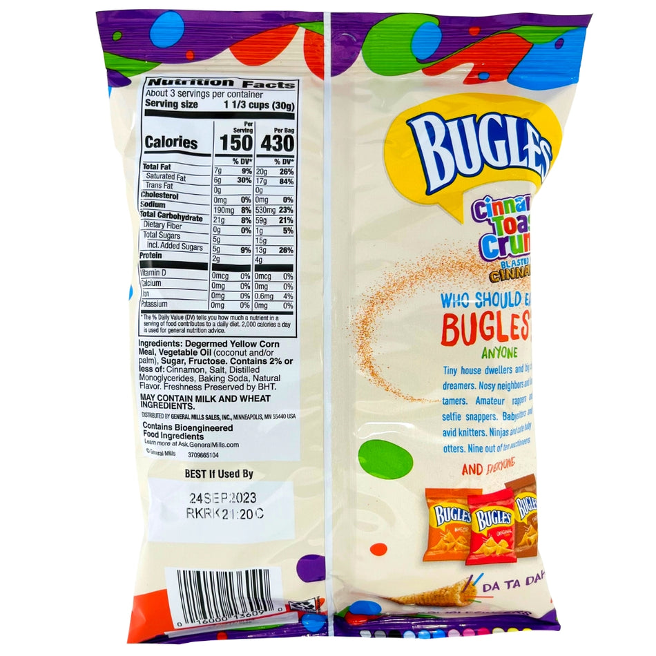 Bugles Cinnamon Toast Crunch - 3oz Nutrition Facts Ingredients-Bugles-cinnamon toast crunch-Cinnamon chips