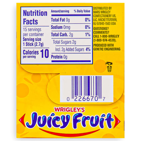 Wrigley's Juicy Fruit Original 15 Stick Packs Nutrition Facts Ingredients-Juicy Fruit-bubble gum-Old fashioned candy