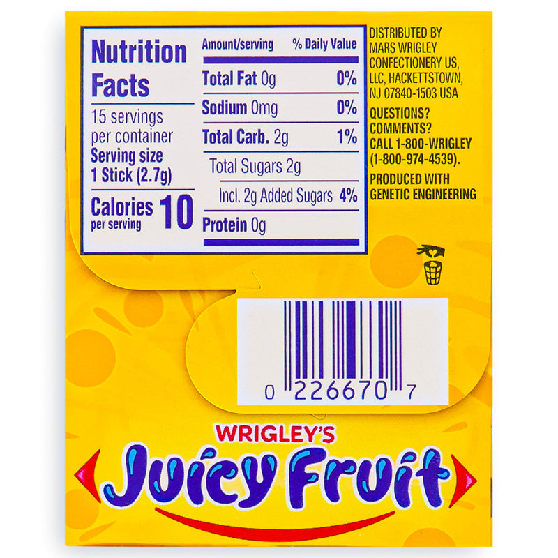Wrigley's Juicy Fruit Original 15 Stick Packs Nutrition Facts Ingredients-Juicy Fruit-bubble gum-Old fashioned candy