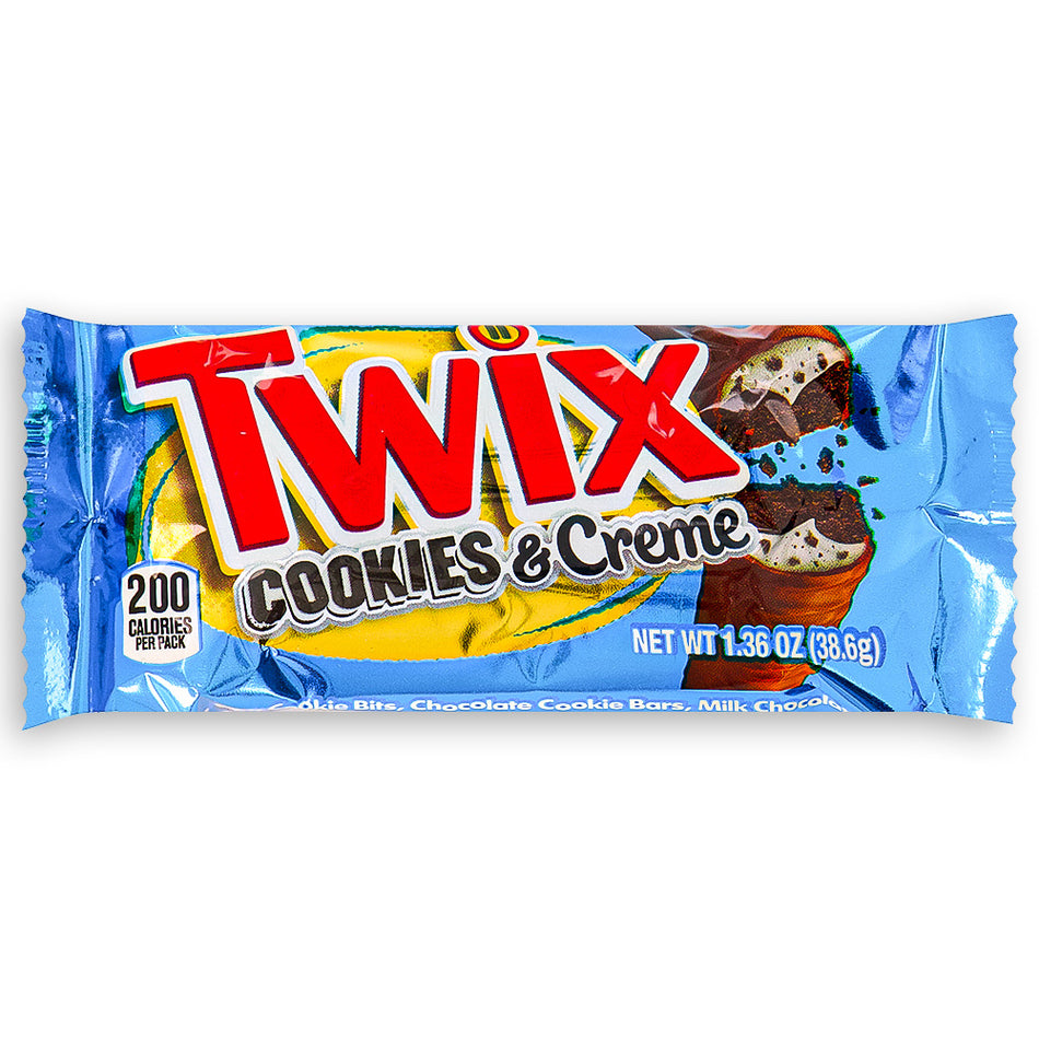 Twix Cookies & Creme Bars - 1.36oz front, Twix Cookies & Creme Bars, Crunchy cookie delight, Velvety creme layers, Rich milk chocolate, Sweet symphony of flavors, Indulgent snack, Whimsical twist, Cookie and creme carnival, Delicious treat, Joyful moments, twix, twix chocolate, twix candy bar