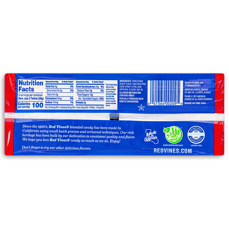 Red Vines Original Red Licorice Twists - 5oz Nutrition Facts Ingredients-red vines-licorice candy-Kosher candy