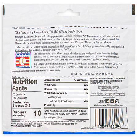 Big League Chew Curveball Cotton Candy Nutrition Facts Ingredients-cotton candy bubble gum-Big League chew-Big League chew gum