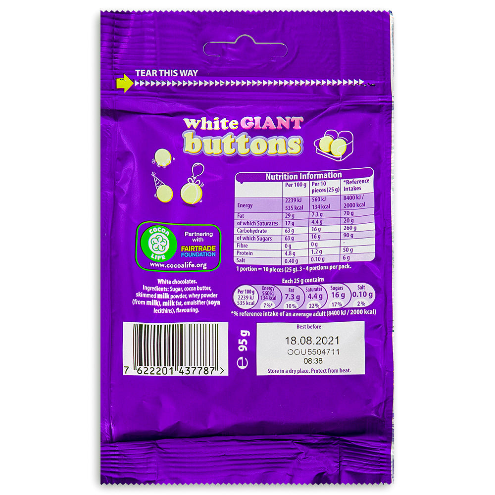 Cadbury Dairy Milk Giant Buttons White Chocolate (UK) - 95g  Nutrition Facts Ingredients