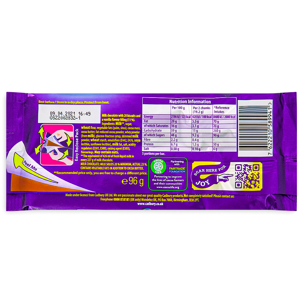 Cadbury Dairy Milk Oreo Sandwich (UK) - 96g Nutrition Facts Ingredients - British Chocolate