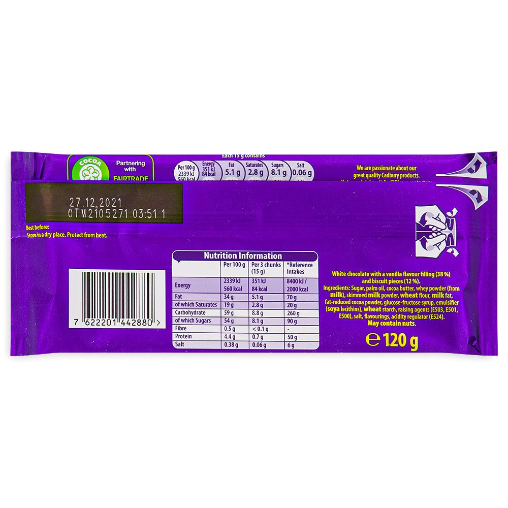 Cadbury Dairy Milk Oreo White Chocolate (UK) - 120g Nutrition Facts Ingredients - British Chocolate from Cadbury!