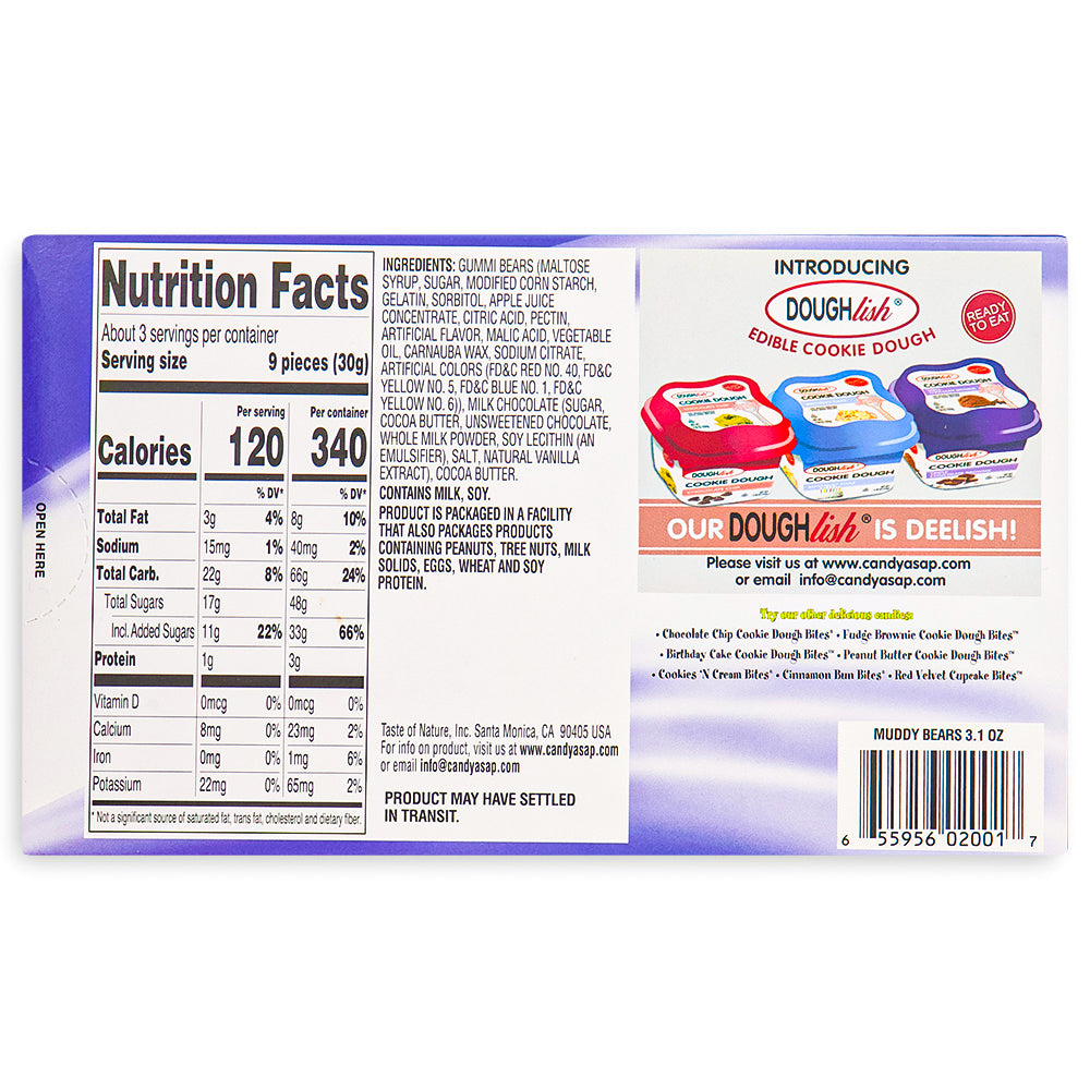 Muddy Bears Theater Box - 3.1 oz. Nutrition Facts Ingredients-Muddy bears-Milk chocolate-Gummy bears