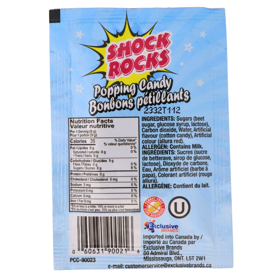 Shock Rocks Popping Candy Cotton Candy ingredients nutrition facts, Shock Rocks Popping Candy Cotton Candy, Turn your taste buds into a whirlwind of sweet fun, Delicious trip to the carnival, Sugary joy of cotton candy in a poppin' party, Tiny crystals burst with the iconic taste of fluffy, spun sugar, Mini explosion of sweetness, Craving a sugar rush, shock rocks, popping candy, cotton candy, cotton candy popping candy