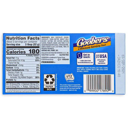Goobers Theatre Pack - 99.2g Nutrition Facts Ingredients - Old Fashioned Candy