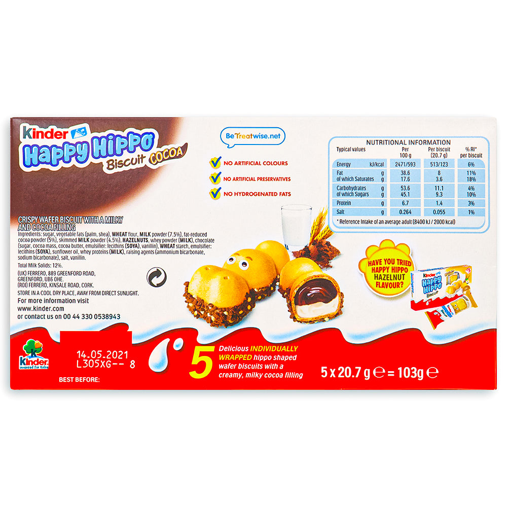 Kinder Happy Hippo Cocoa Cream 5 Pack UK - 105g Nutrition Facts Ingredients