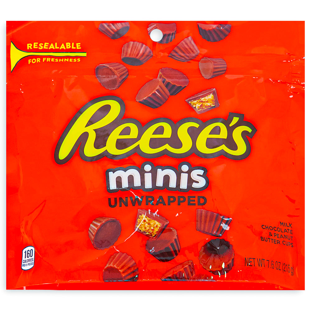 Reese's Peanut Butter Cup Mini Pouches - 7.6oz front, Reese's Peanut Butter Cup Minis, Bite-Sized Delights, Mini Peanut Butter Cups, Milk Chocolate Goodness, Sweet and Salty Combo, Portable Snacking, Tiny Packages of Joy, Peanut Butter Paradise, Anytime Treat, Party Snacks, reeses peanut butter cups, reeses chocolate, reeses cups, reeses peanut cups