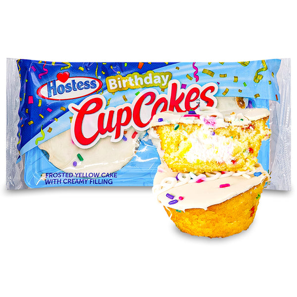 Hostess Cupcakes Birthday Frosted Yellow Cup Cake With Creamy Filling 8  Pack 371g Box - Lollies 'N Stuff