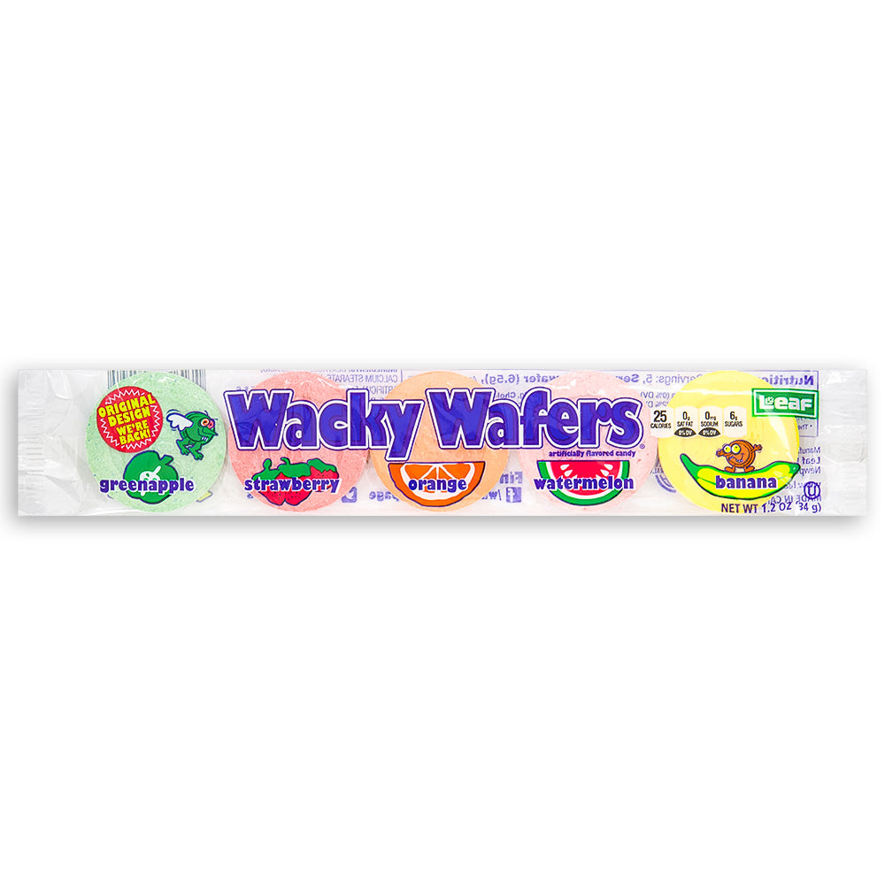 Wacky Wafers Candy front, Wacky Wafers Candy, Unwrap the Fun, Pop the Flavor, Whimsical, Edible Rainbows, Bursting with Fruity Goodness, Flavor-Packed Adventure, Zesty Watermelon, Tangy Green Apple, Childhood Memories, Nostalgic Joy