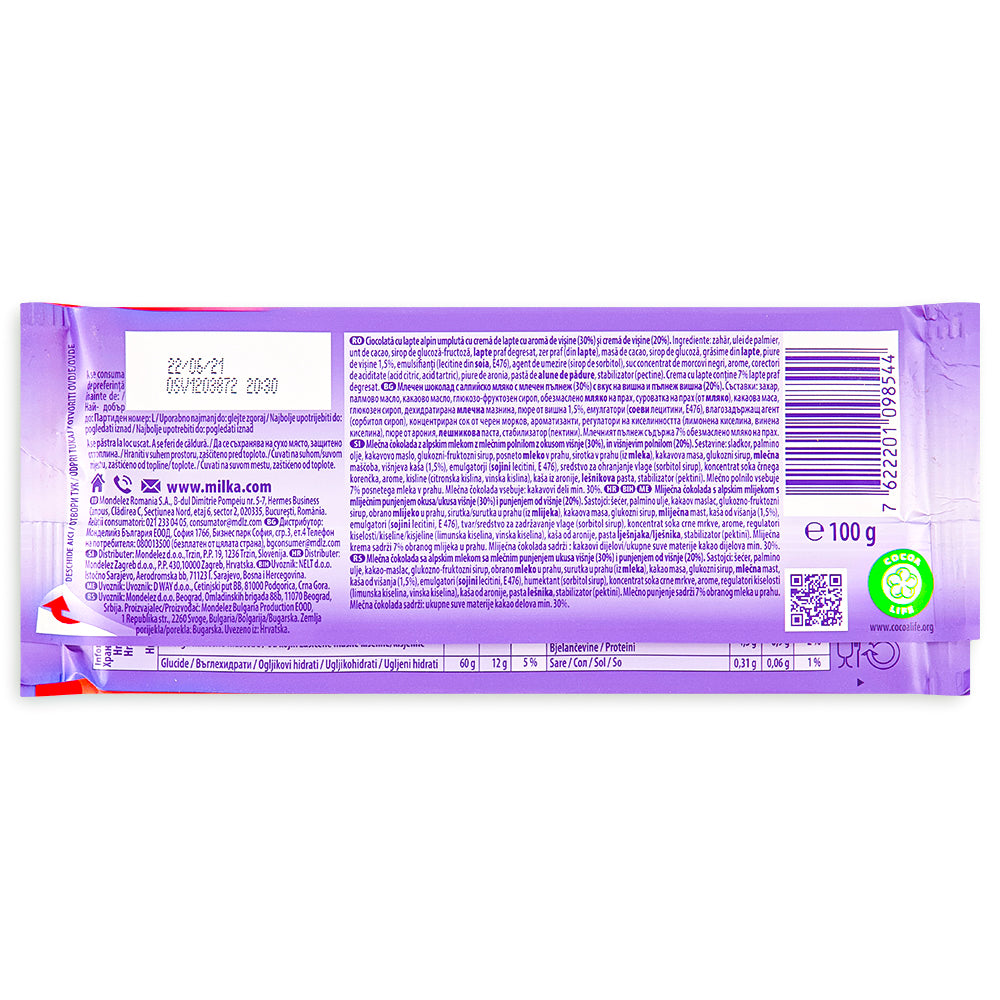 Milka Cherry Creme Chocolate Bar  Nutrition Facts Ingredients