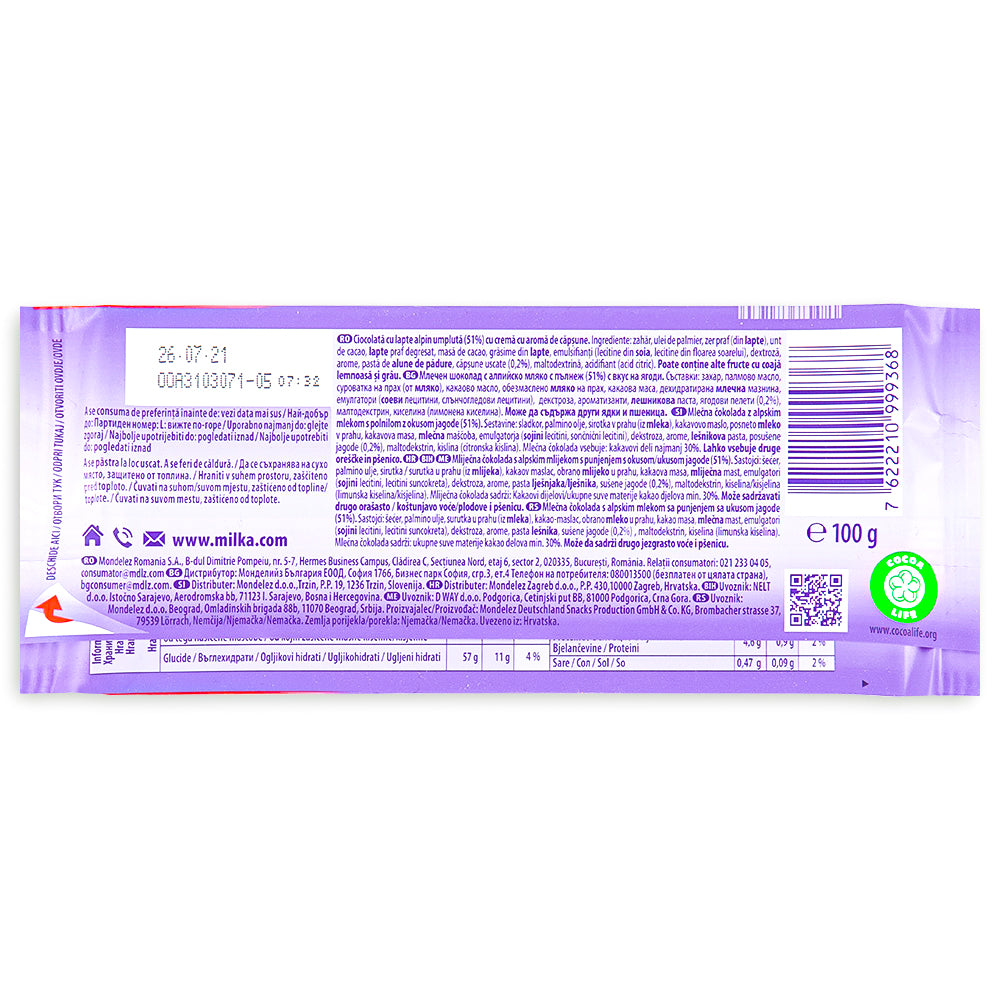Milka Chocolate Bar - Strawberry 100g  Nutrition Facts Ingredients