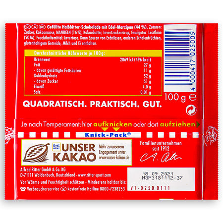 Ritter Sport Dark Chocolate with Marzipan Nutrition Facts Ingredients