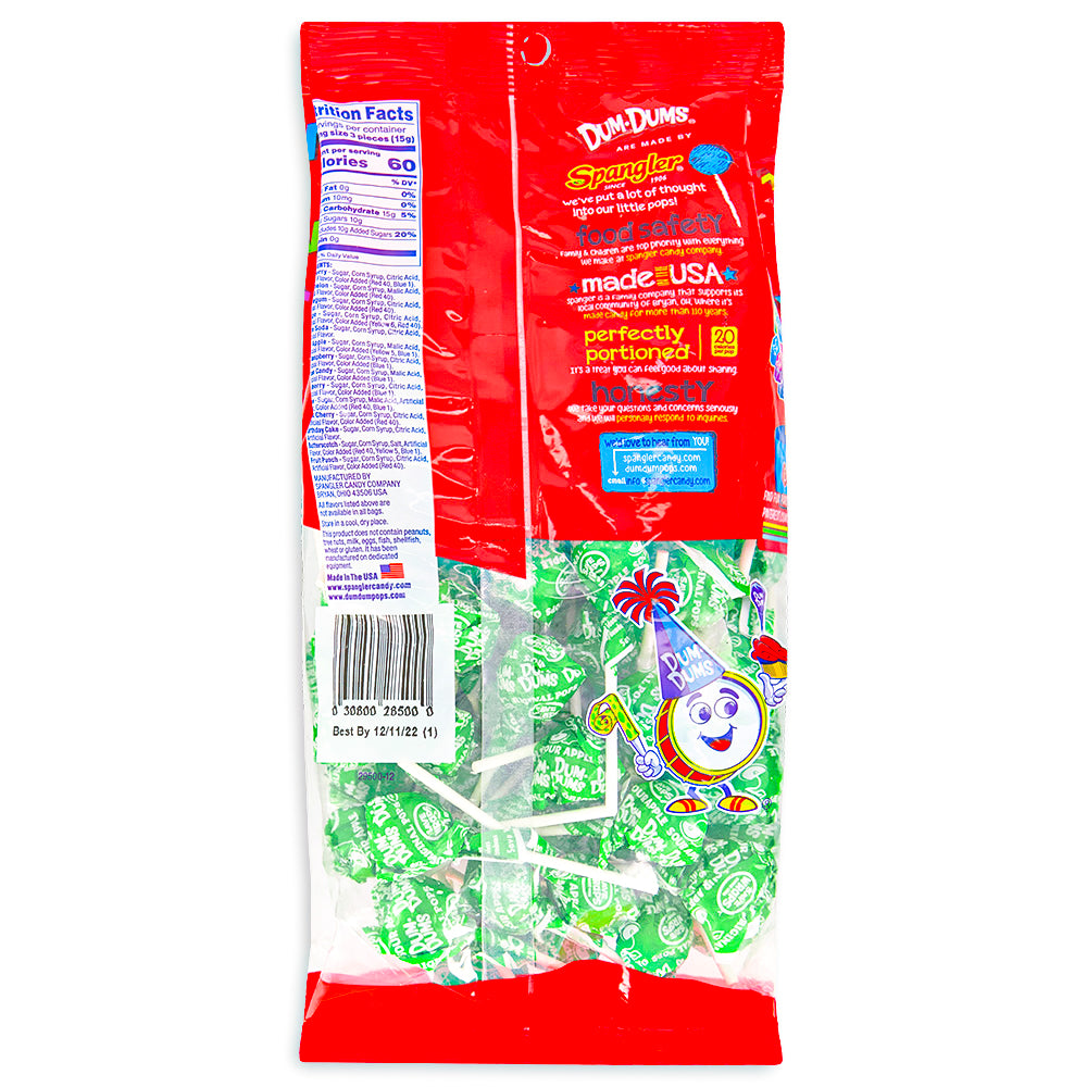 Dum Dums Color Party Bright Green Sour Apple Lollipops-75 CT Nutrition Facts Ingredients