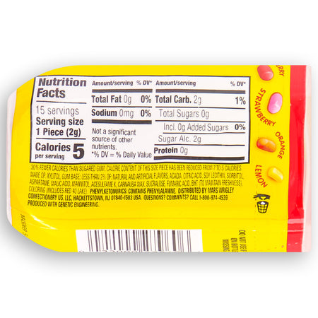 Starburst Original Gum Hero Bottle - 15 Piece Bottle Nutrition Facts Ingredients