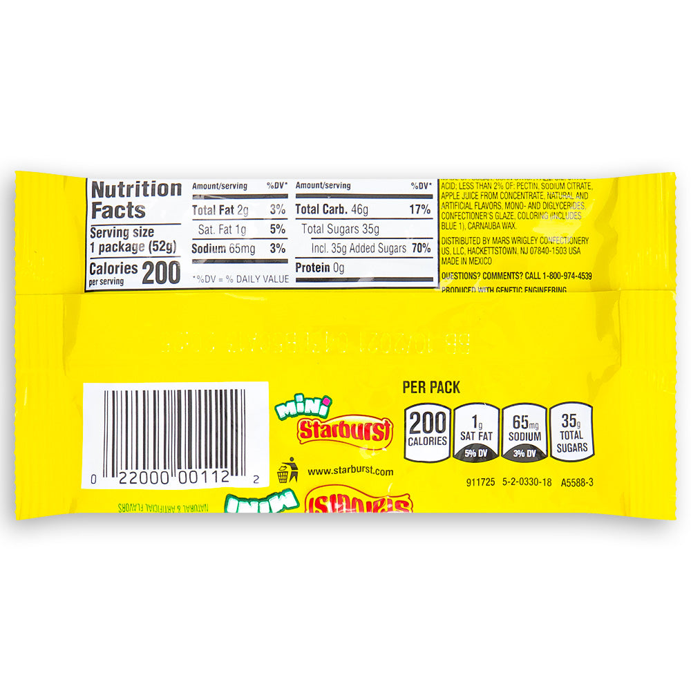 Starburst Mini Sours Candy - 1.85oz Nutrition Facts Ingredients- Starburst-Sour Candy-Blue Raspberry