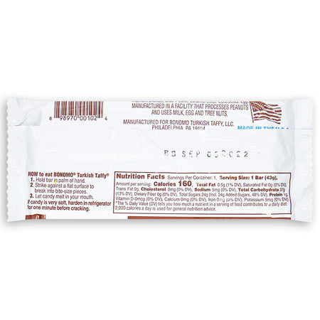 Bonomo Turkish Taffy Chocolate Nutrition Facts Ingredients - Taffy