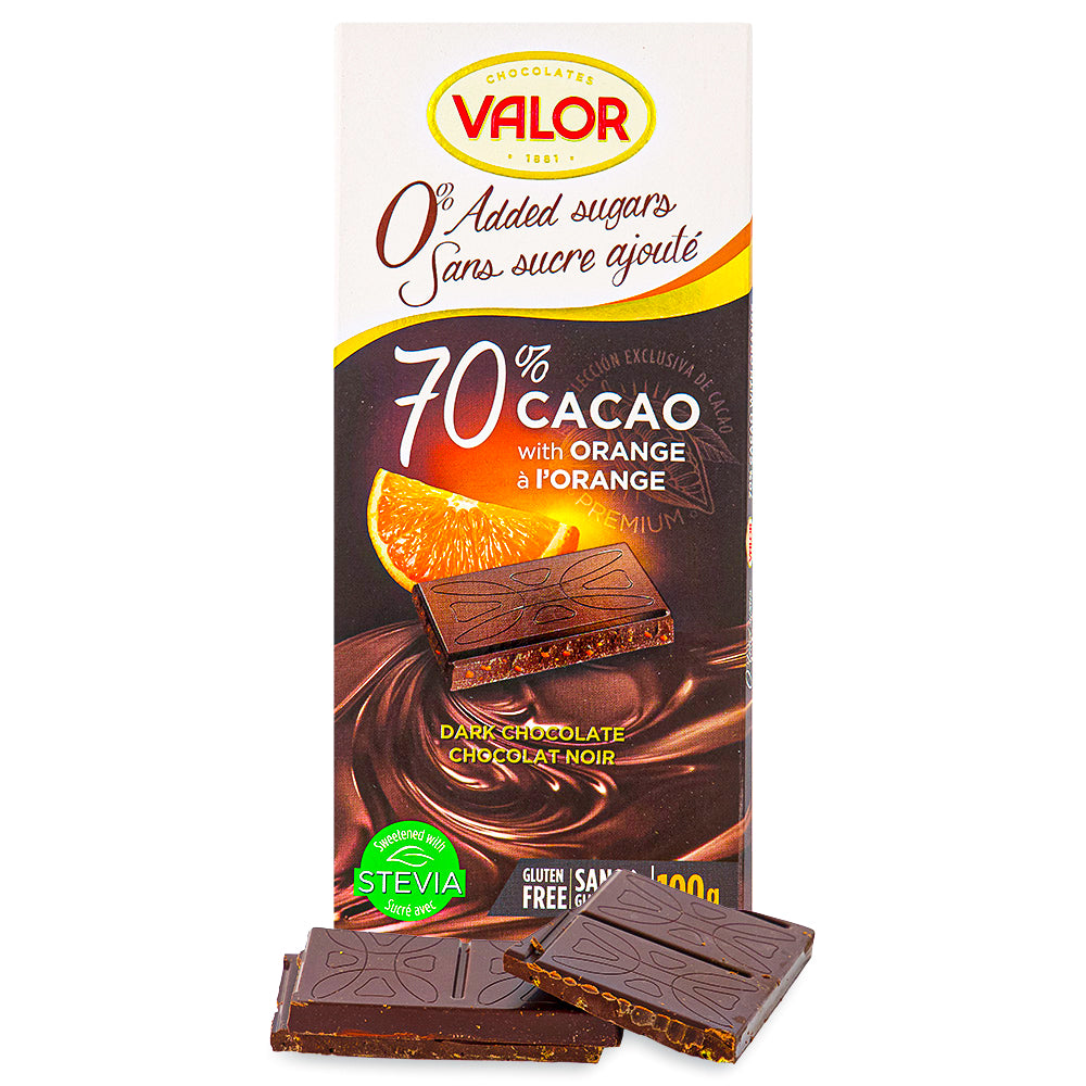 Valor 70% Cacao with Orange Sugar Free-100 g, spanish chocolate, dark chocolate, spanish dark chocolate, retro chocolate