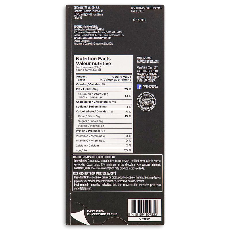 Valor 85% Dark Chocolate Sugar Free-100 g Nutrition Facts Ingredients+ - Sugar Free Chocolate