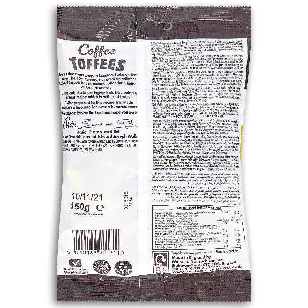 Walker's Arabica Coffee Toffee UK - 150g Nutrition Facts Ingredients