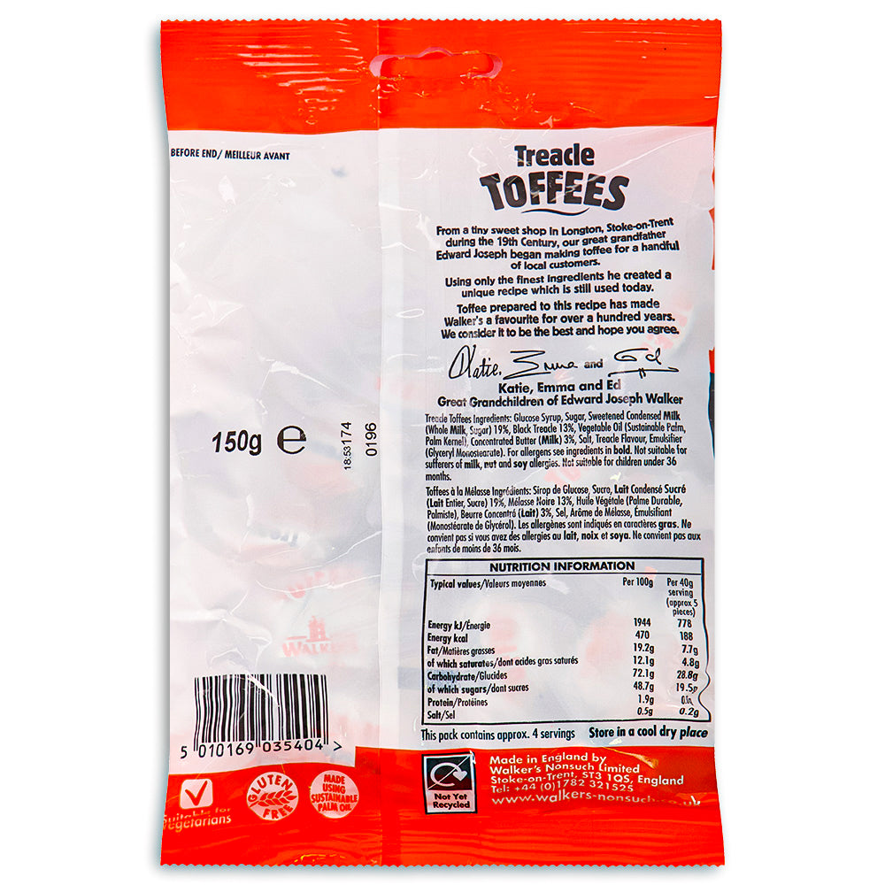 Walker's Treacle Toffees UK - 150g - British Candy - Nutrition Facts Ingredients