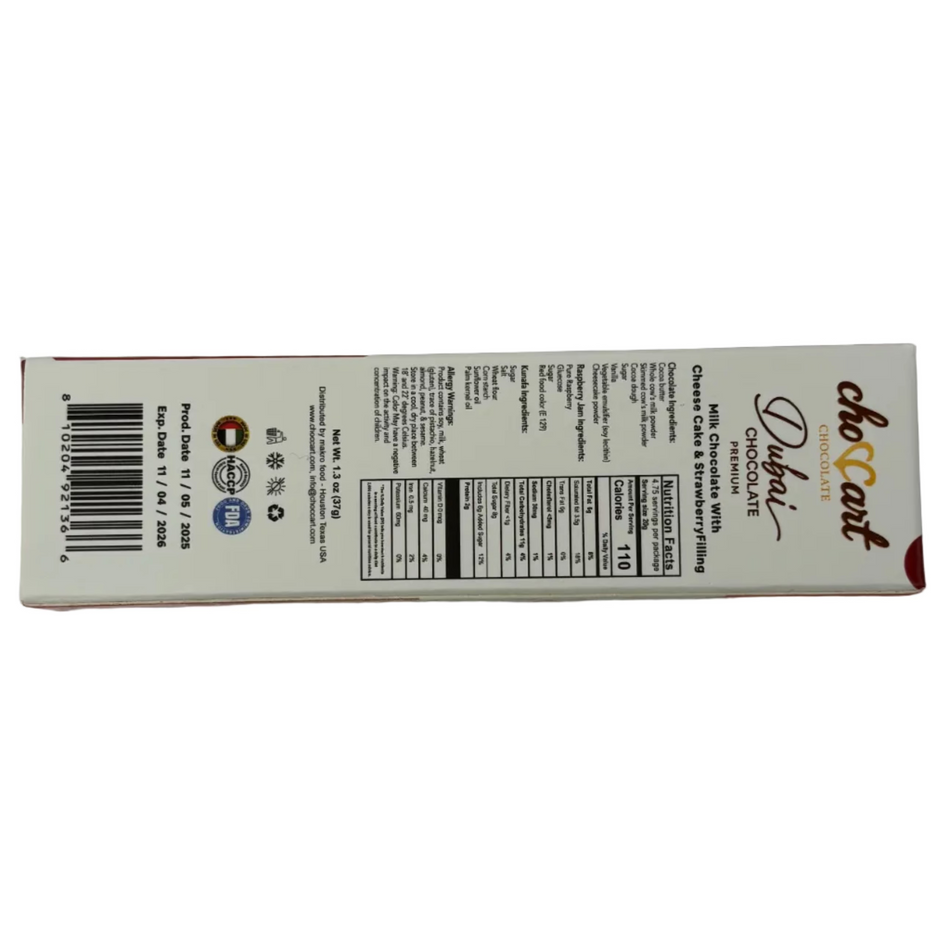 Choccart Dubai Chocolate Milk Chocolate with Cheese Cake & Strawberry Filling - 1.3oz Nutrition Facts and Ingredients