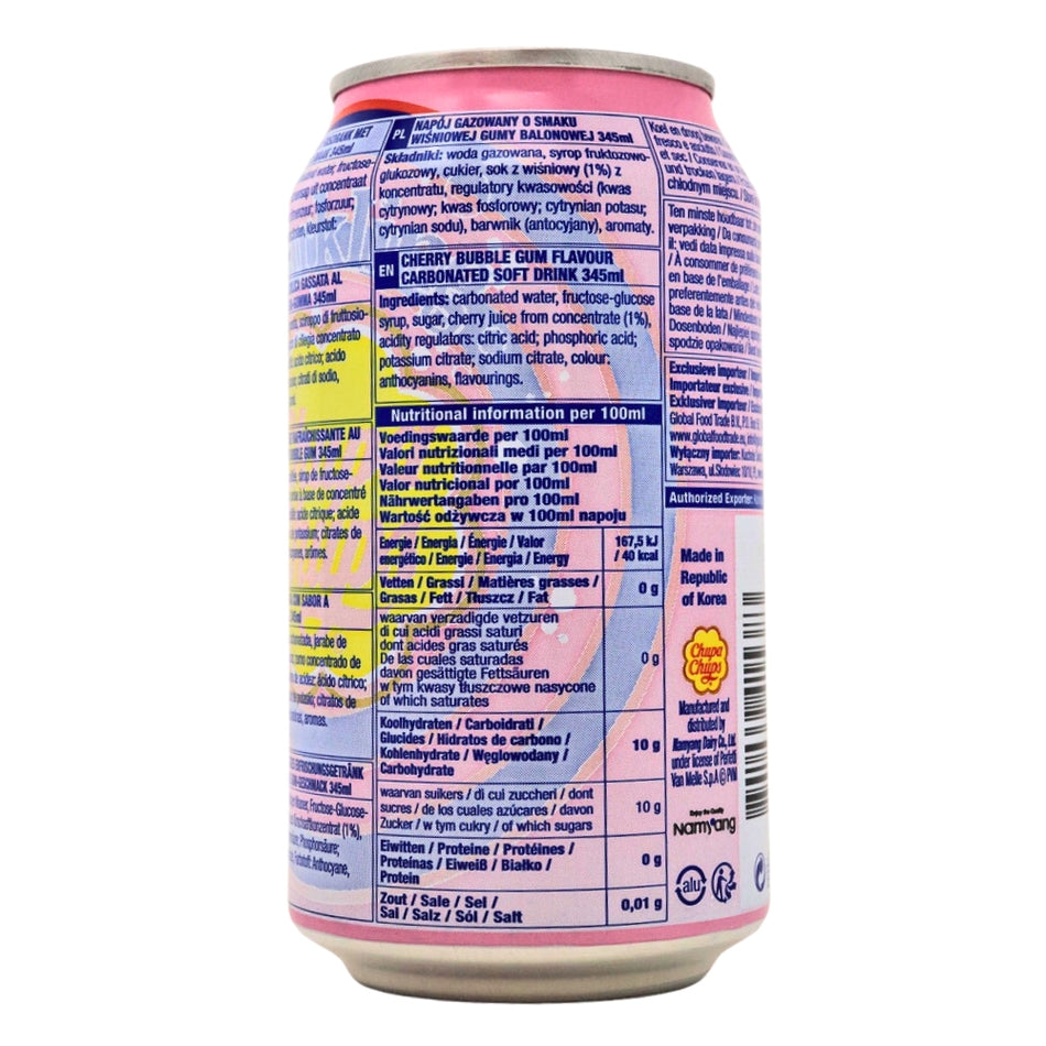 Chupa Chups Sparkling Cherry Bubble Gum  Soda Pop - 345mL Nutrition Facts Ingredients
