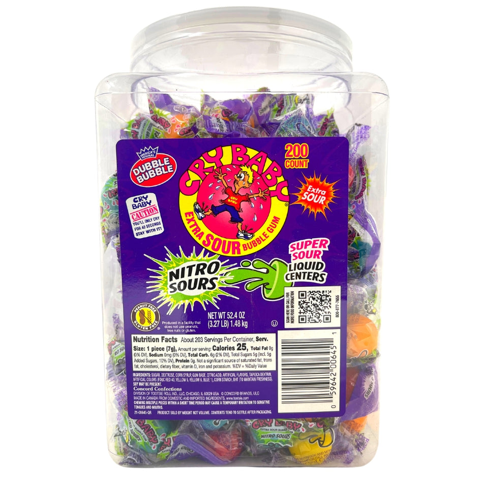 Cry Baby Nitro Sours Extra Sour Bubble Gum-200 CT Jar-Bubble Gum-Sour candy-Bulk candy