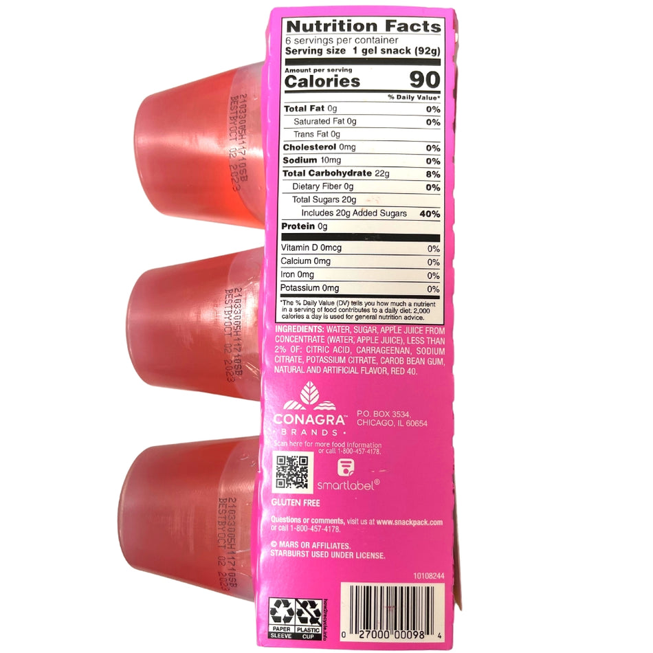 Snack Pack Pink Starburst 6pk - 552g Nutrition Facts Ingredients - Snack Pack Starburst All Pink