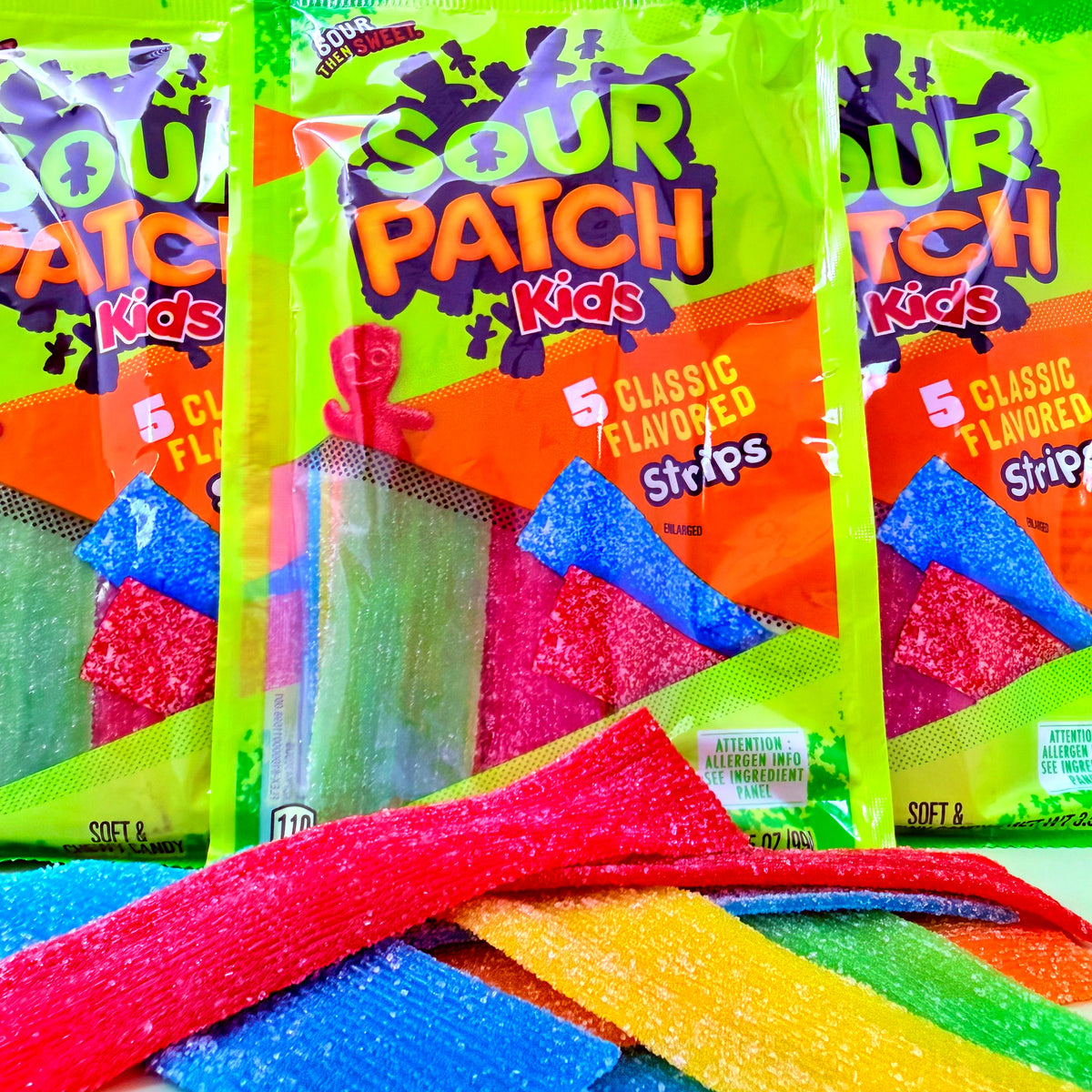 Sour Patch Kids Strips - 3.5oz Several packs and strips in front