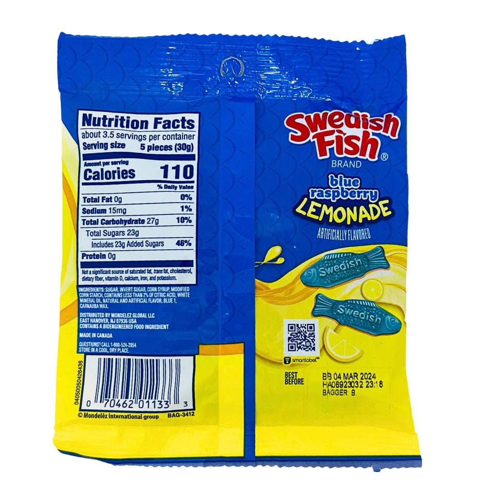 Swedish Fish Blue Raspberry Lemonade - 3.59oz Nutrition Facts Ingredients-Blue Raspberry-Swedish Fish-Gummies