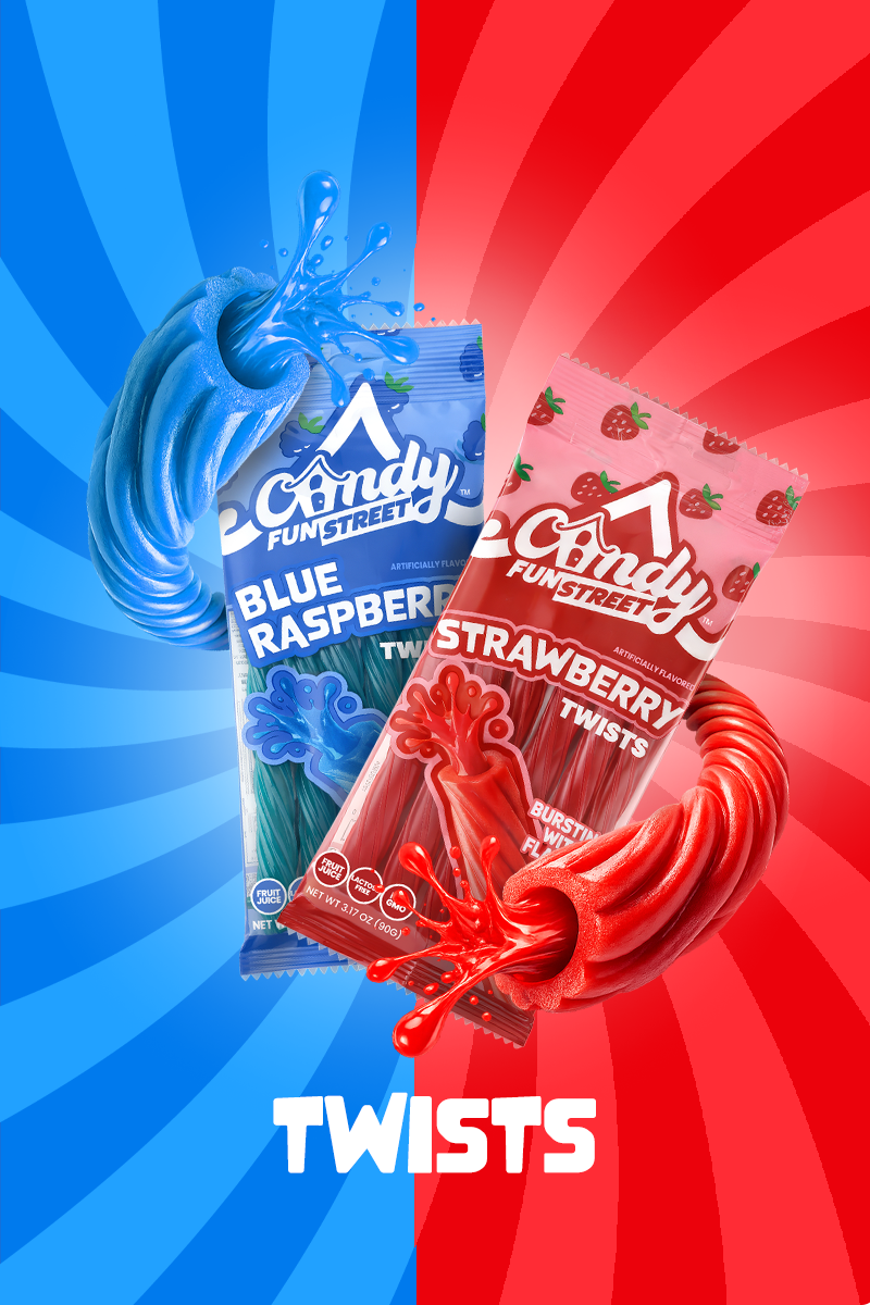 Two packages of Funstreet Candy Twists, one blue and one red, on a colorful background.