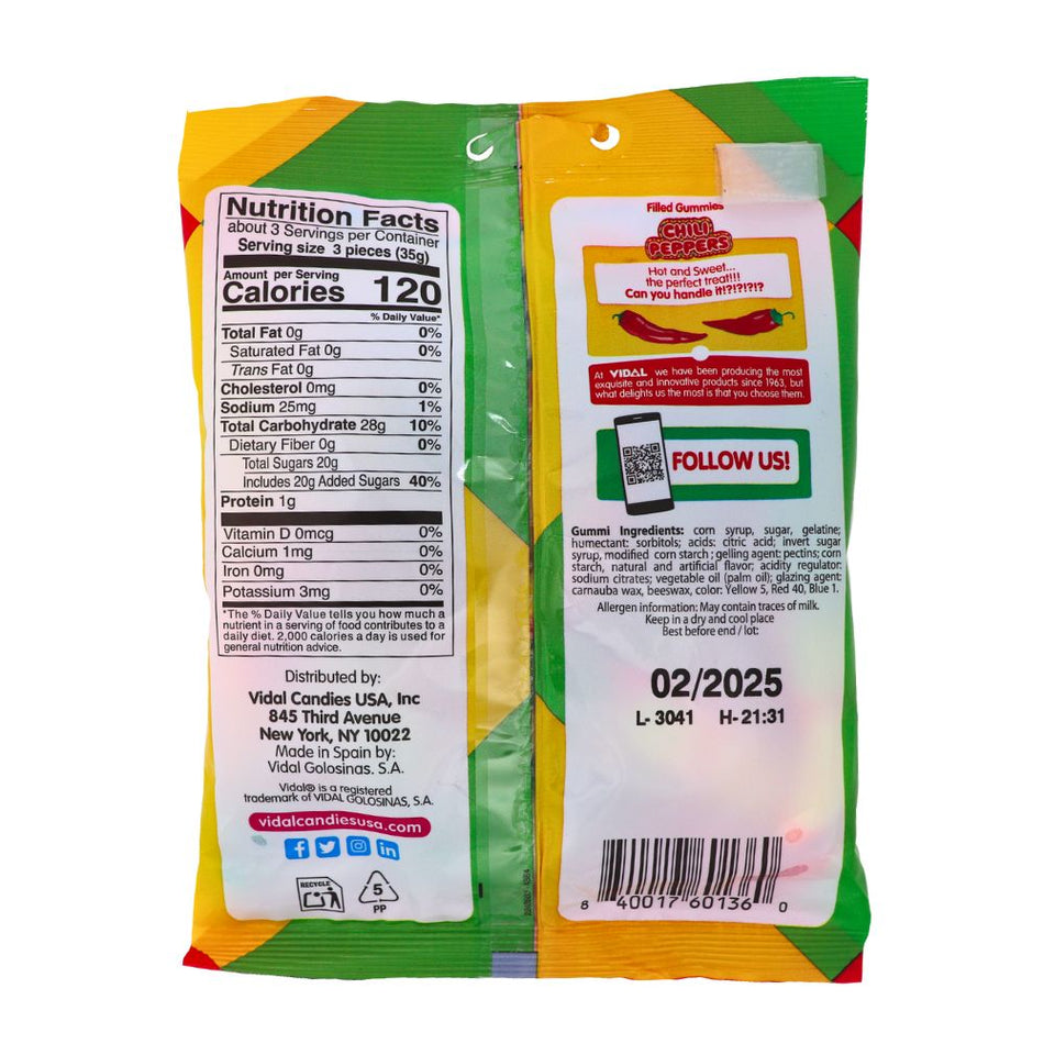 Vidal Spicy Chili Peppers Filled Gummies - 3.5oz Nutrition Facts Ingredients- Spicy Candy