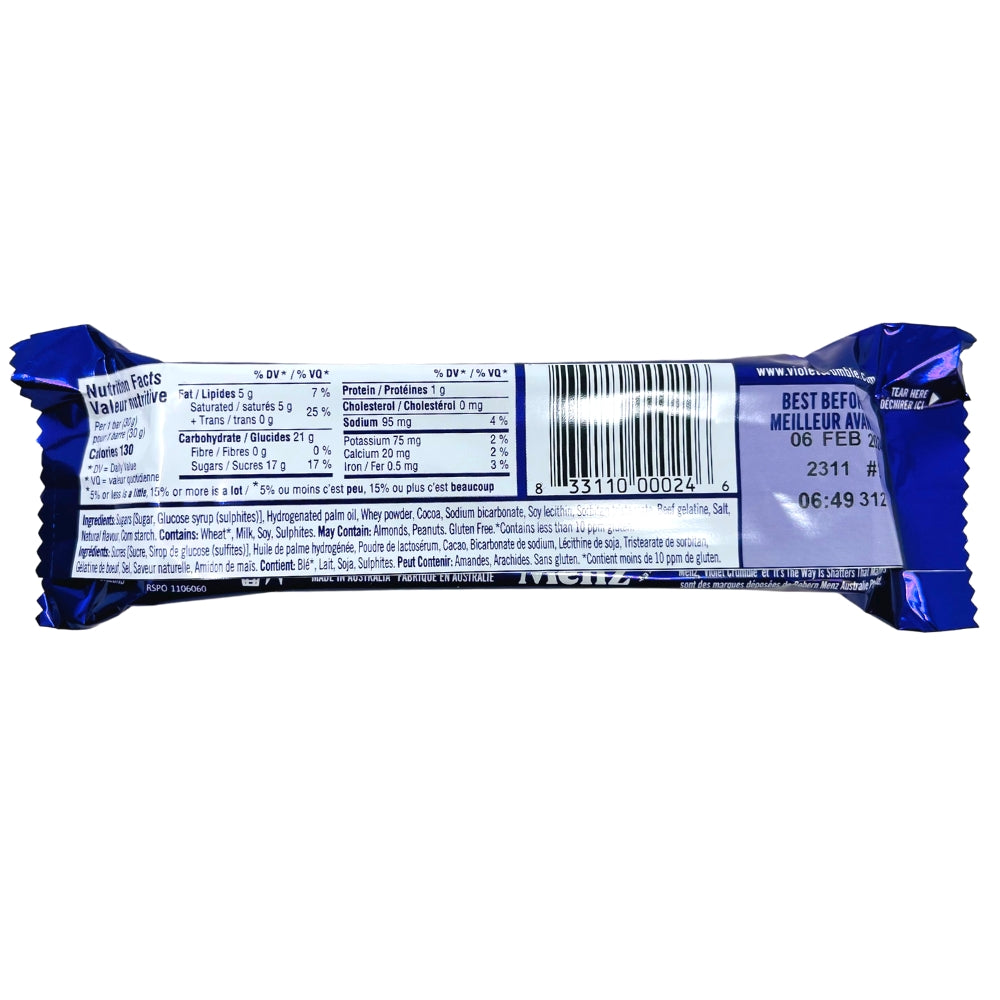 Violet Crumble Candy Bars - 30g (Aus) Nutrition Facts Ingredients-Australian Candy-Chocolate Bar-Violet Crumble-Toffee Candy