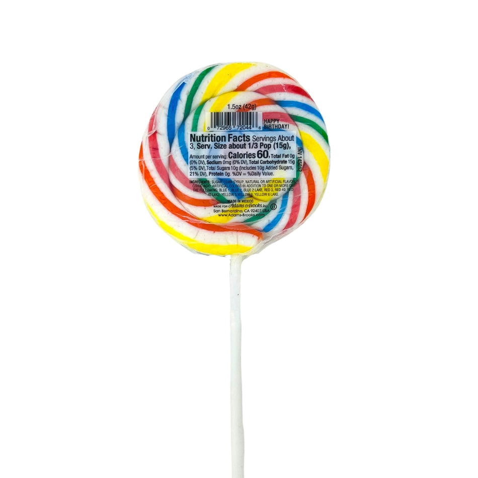 Adams & Brooks Whirly Pop Happy Birthday Lollipop - 1.5oz Nutrition Facts Ingredients